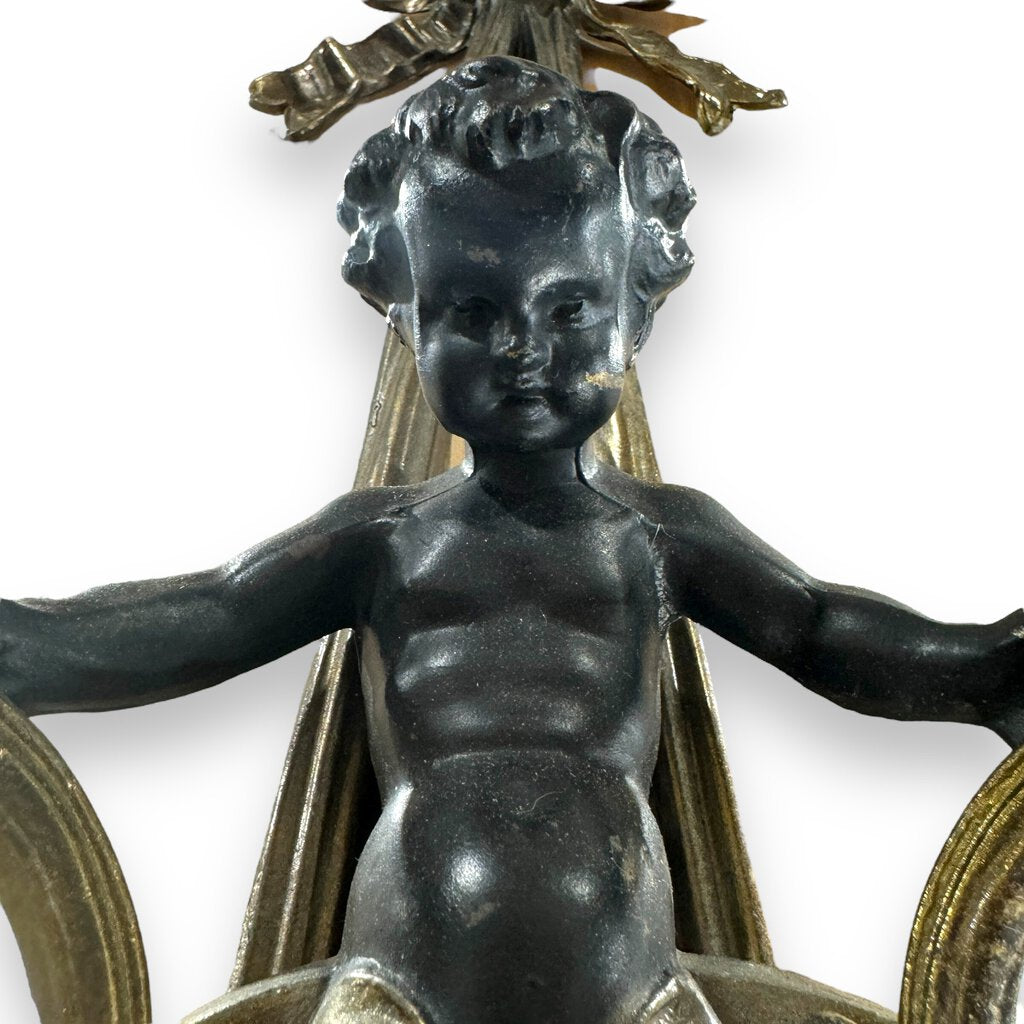Pair of French Louis XVI Style Gilt Brass Cherub Wall Sconces w/ Crystal Drops 12Lx6Wx22H