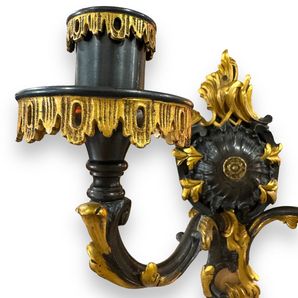 Pair of Louis XV Style American Caldwell Wall Sconces w/ Gold Gilt Bronze Detail c.1880 10Wx11H (retrofitted for electricity)