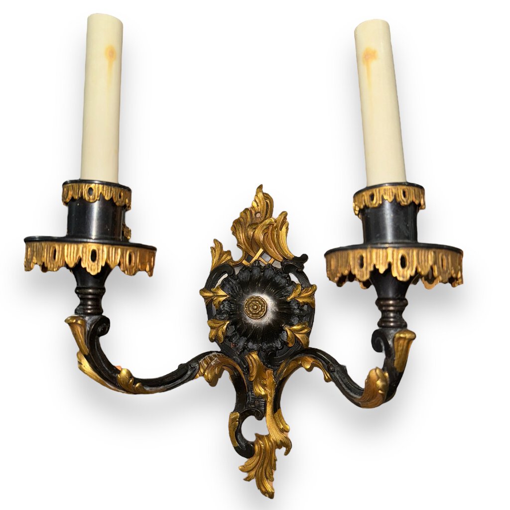 Pair of Louis XV Style American Caldwell Wall Sconces w/ Gold Gilt Bronze Detail c.1880 10Wx11H (retrofitted for electricity)