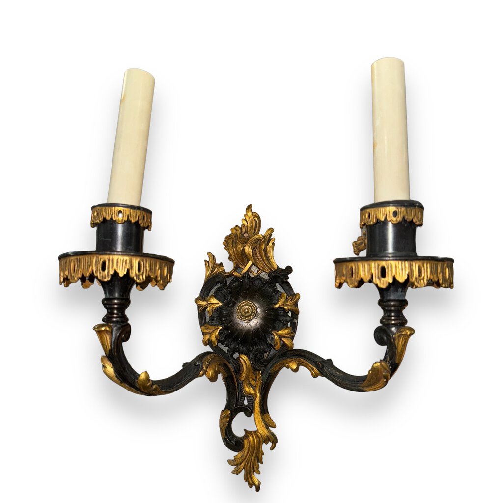 Pair of Louis XV Style American Caldwell Wall Sconces w/ Gold Gilt Bronze Detail c.1880 10Wx11H (retrofitted for electricity)