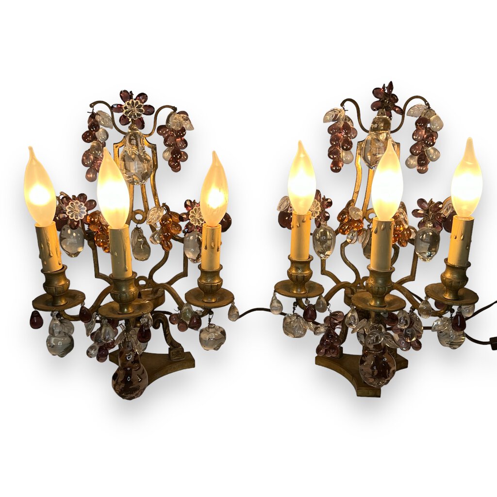 Pair of Maison Bagues Bronze Lamps / Girandoles w/ Murano Crystal Fruits 15" tall