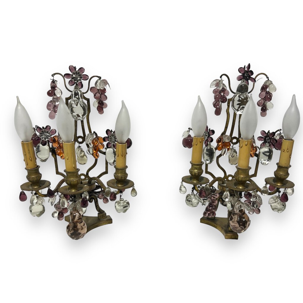 Pair of Maison Bagues Bronze Lamps / Girandoles w/ Murano Crystal Fruits 15" tall
