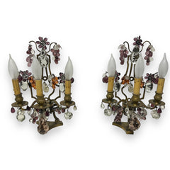Pair of Maison Bagues Bronze Lamps / Girandoles w/ Murano Crystal Fruits 15" tall