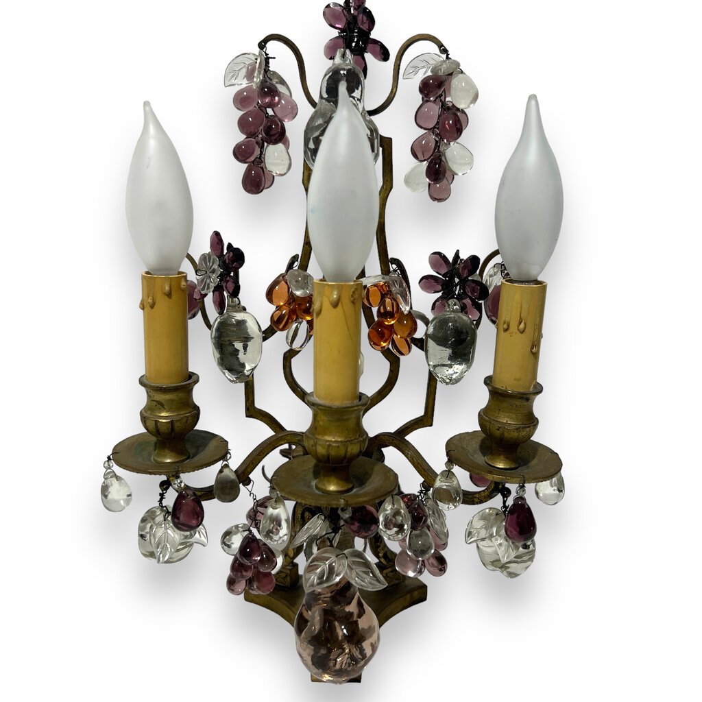 Pair of Maison Bagues Bronze Lamps / Girandoles w/ Murano Crystal Fruits 15" tall