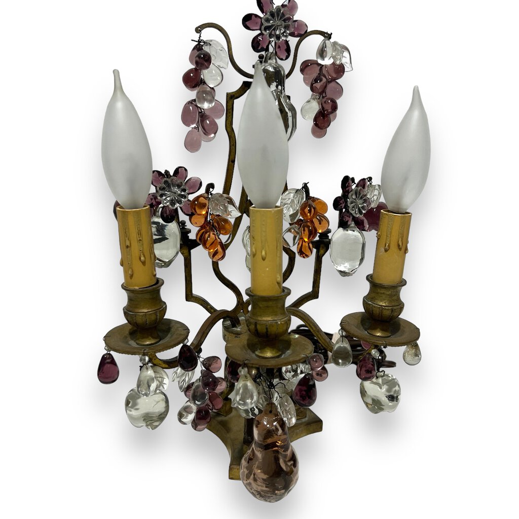 Pair of Maison Bagues Bronze Lamps / Girandoles w/ Murano Crystal Fruits 15" tall