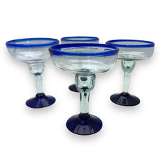 Mexican Handblown Cobalt Blue 6.5" Glass Margarita Stemware 16 oz Goblet Set 4