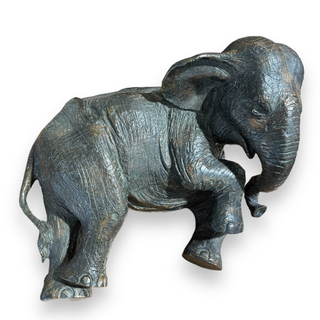 Bronze Elephant Statue Laying Down Leather Base 14lx10Wx7H