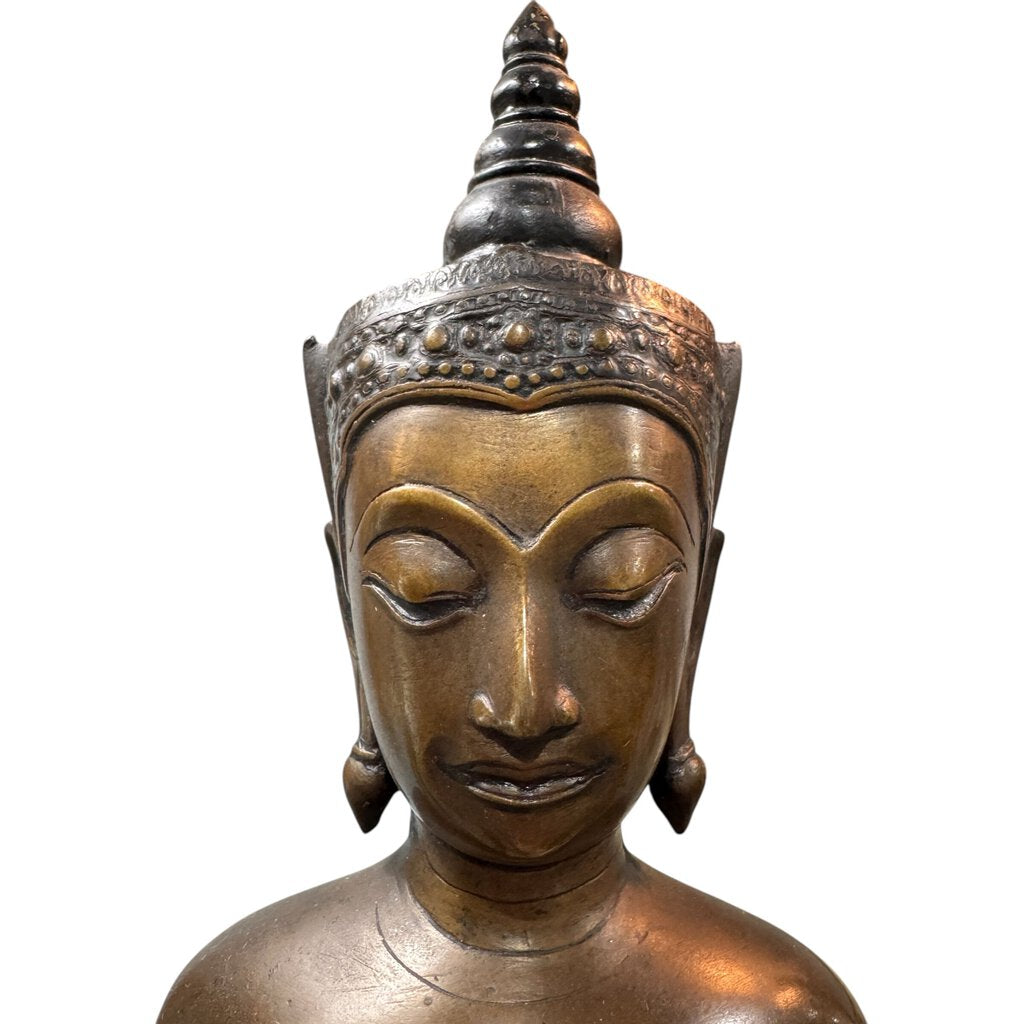 17th Century Thailand Ayutthaya Period Copper Alloy Crowned Buddha Standing on Pedestal 22.5" tall