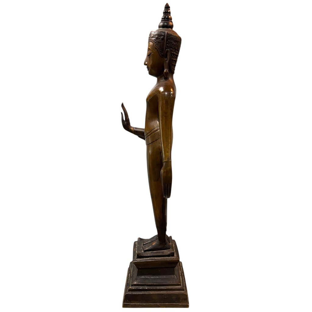 17th Century Thailand Ayutthaya Period Copper Alloy Crowned Buddha Standing on Pedestal 22.5" tall