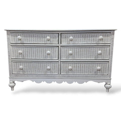 Lexington Coastal Distressed White Wood Wicker 6 Drawer Dresser & Pair of 2 Drawer Nightstands Made in USA