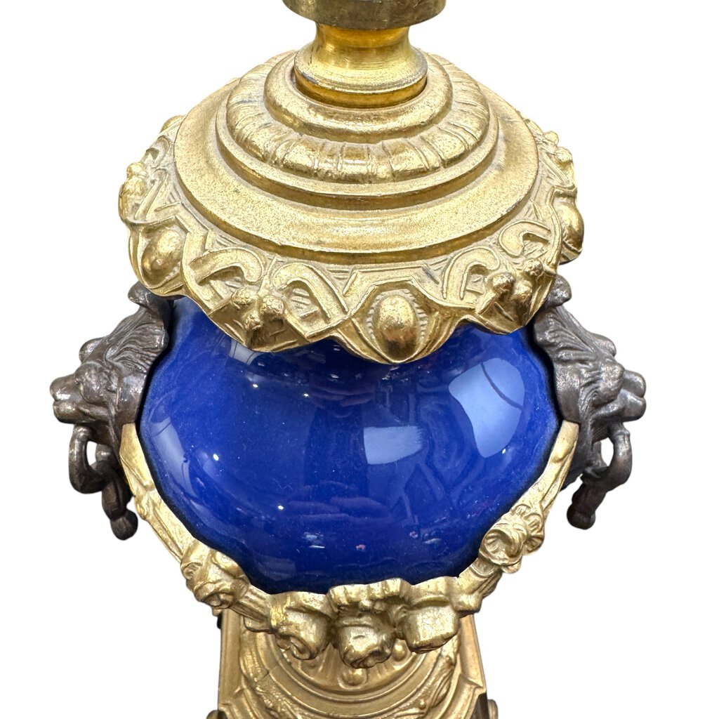 Brevettato Vintage Italian Gilt Brass & Cobalt Blue Porcelain Lamps w/ Lion Knockers 25" tall (pair)