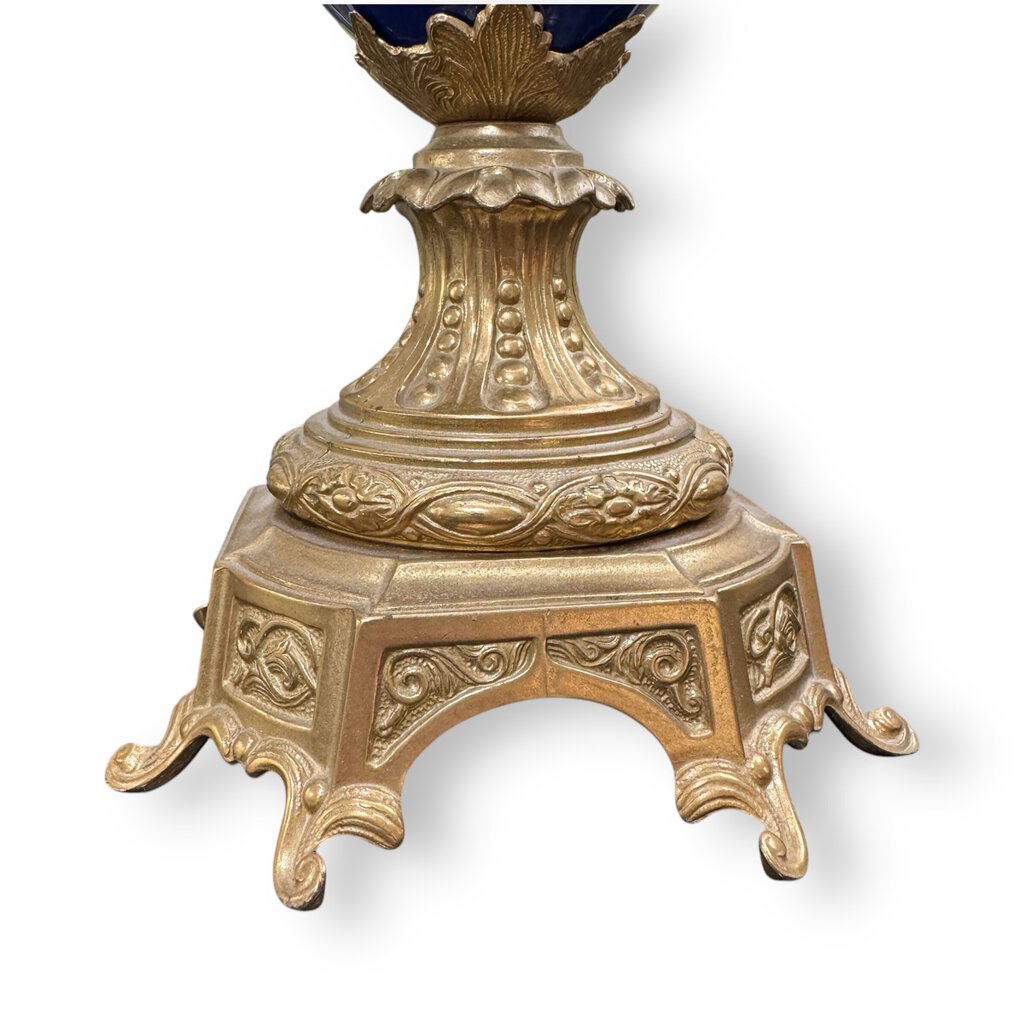 Brevettato Vintage Italian Gilt Brass & Cobalt Blue Porcelain Lamps w/ Lion Knockers 25" tall (pair)