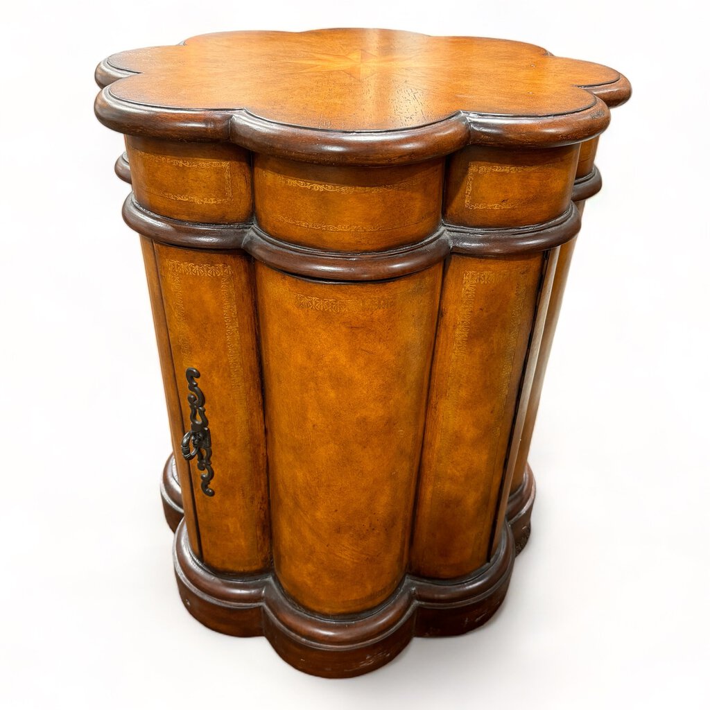 Maitland-Smith Leather--Wrapped Scalloped Wooden Side Table w/ Inside Storage 24Lx24Wx2H