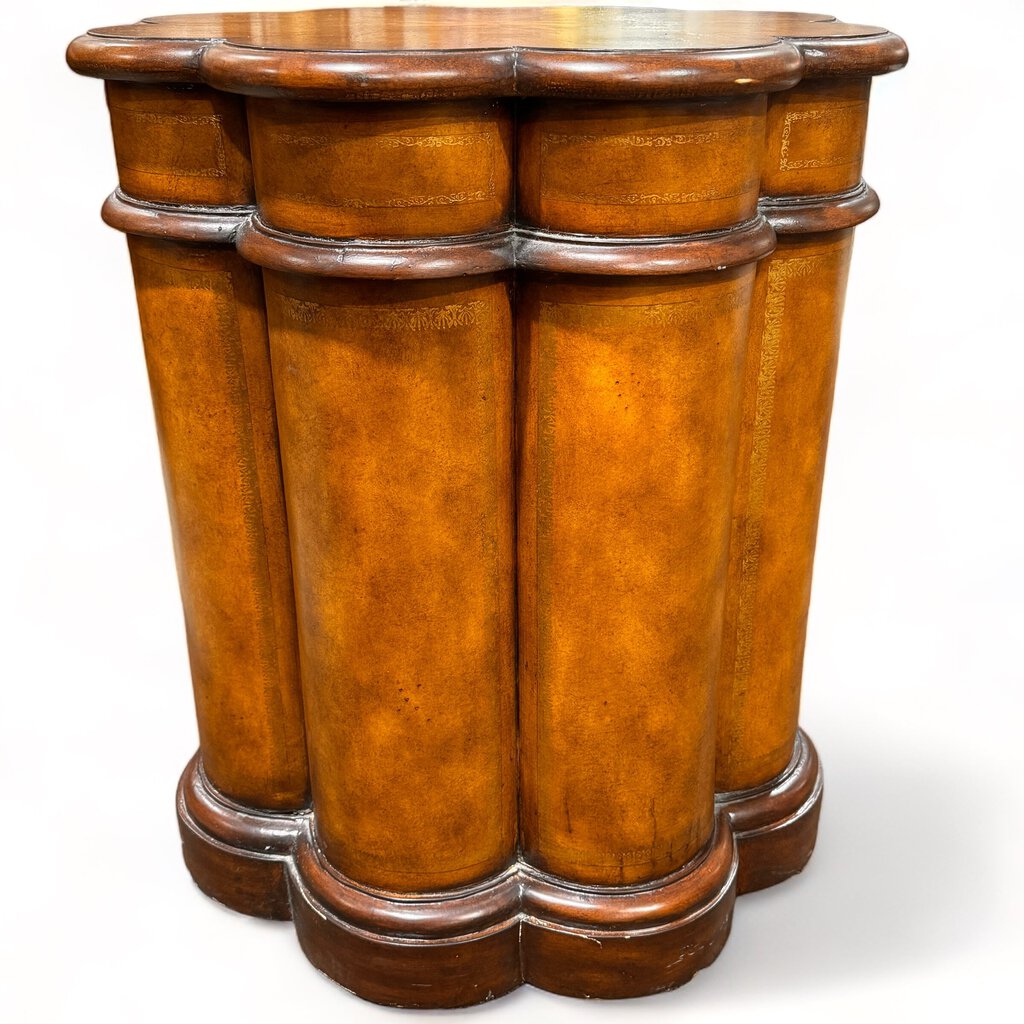 Maitland-Smith Leather--Wrapped Scalloped Wooden Side Table w/ Inside Storage 24Lx24Wx2H