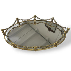 Hollywood Regency Vintage Vanity Mirror Tray w. Cameo Post & Chain 19Lx11Wx3H
