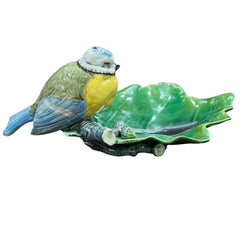 Antique Signed Minton Majolica Blue Tit Leaf Shaped Dish (As Is) 3.5"H X 8"L X 4"W