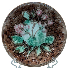 Antique Majolica Basket Weave Berries w/ Pink Flowers Plate 8" D