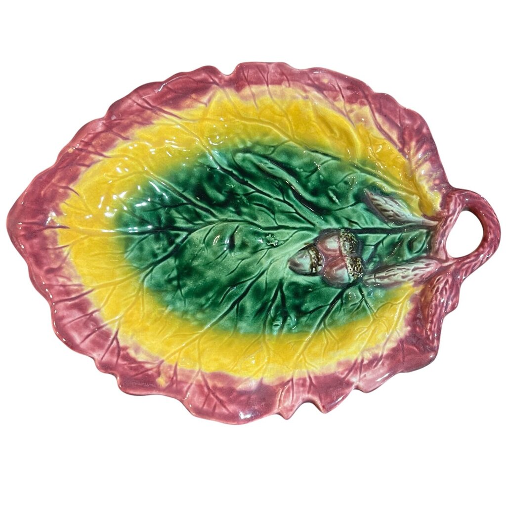 Antique Majolica Yellow & Pink Leaf Dish w/ Acorns 12Lx9.5W