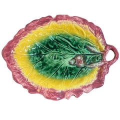 Antique Majolica Yellow & Pink Leaf Dish w/ Acorns 12Lx9.5W