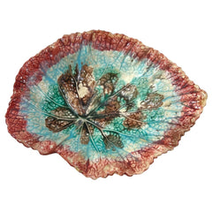 Antique Majolica Begonia Pink & Blue Leaf Plate 7.5"L X 6"W