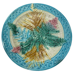 Antique Majolica Blue & Green Basket Weave Plate