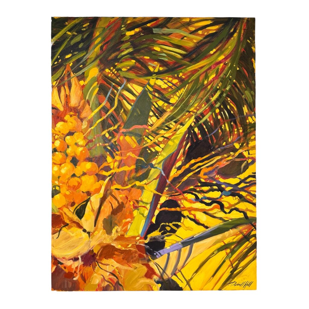 3 Panel Hawaiian Coconut Palm Tree Triptych Oil on Canvas by Listed Hawaiian Impressionists Artist Darrell Hill (1941-2013) each panel 37Lx47H (9.25')