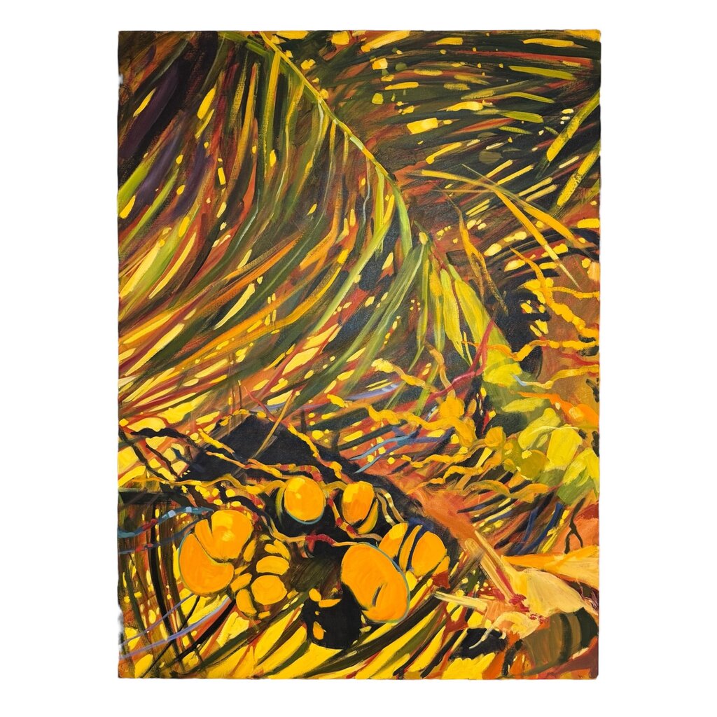 3 Panel Hawaiian Coconut Palm Tree Triptych Oil on Canvas by Listed Hawaiian Impressionists Artist Darrell Hill (1941-2013) each panel 37Lx47H (9.25')