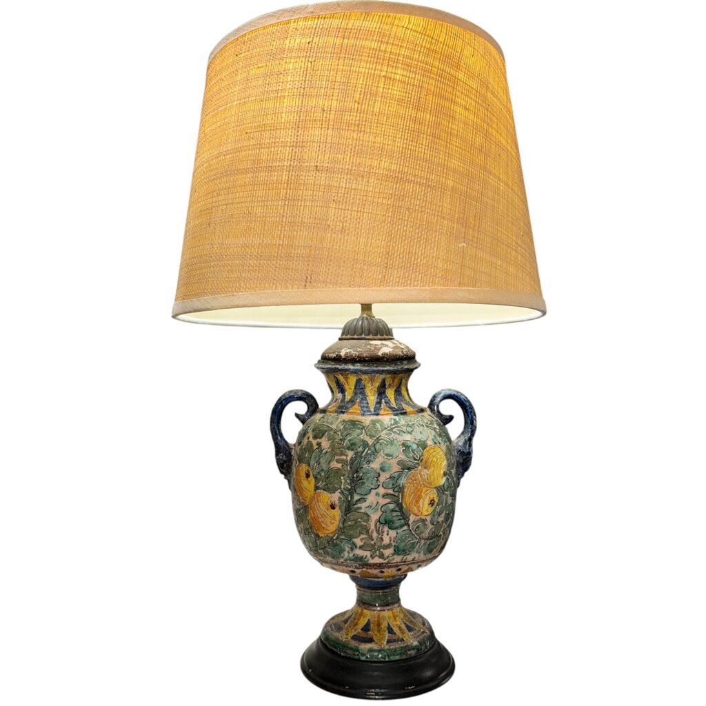 Antique Italian Majolica Pottery Lamp w/ Face Handles & Lemons w/ Leaves 12Wx26H (shade not included)