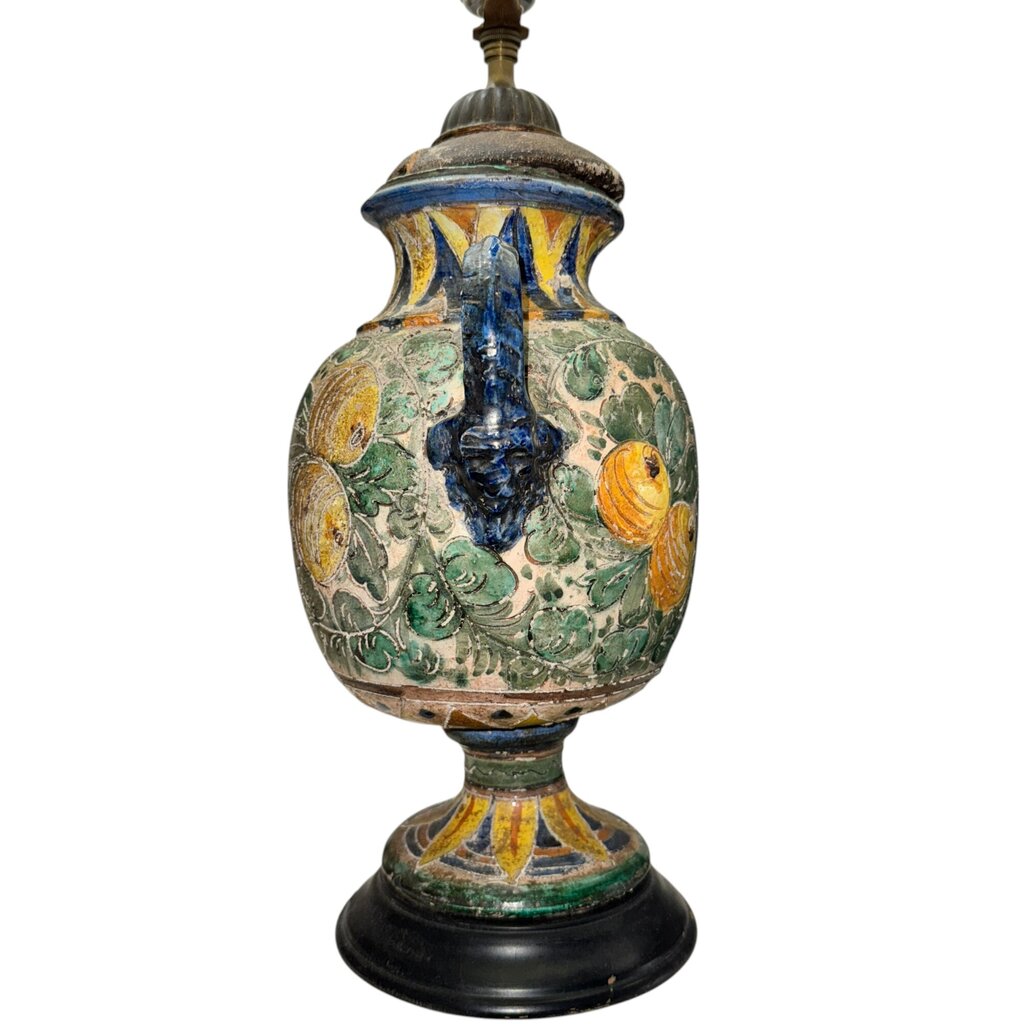 Antique Italian Majolica Pottery Lamp w/ Face Handles & Lemons w/ Leaves 12Wx26H (shade not included)