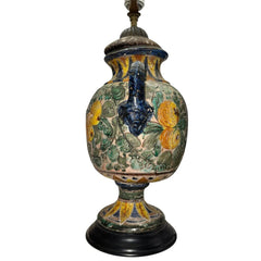 Antique Italian Majolica Pottery Lamp w/ Face Handles & Lemons w/ Leaves 12Wx26H (shade not included)