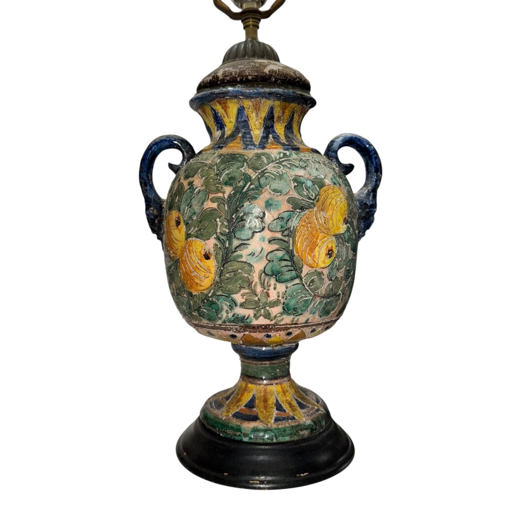 Antique Italian Majolica Pottery Lamp w/ Face Handles & Lemons w/ Leaves 12Wx26H (shade not included)