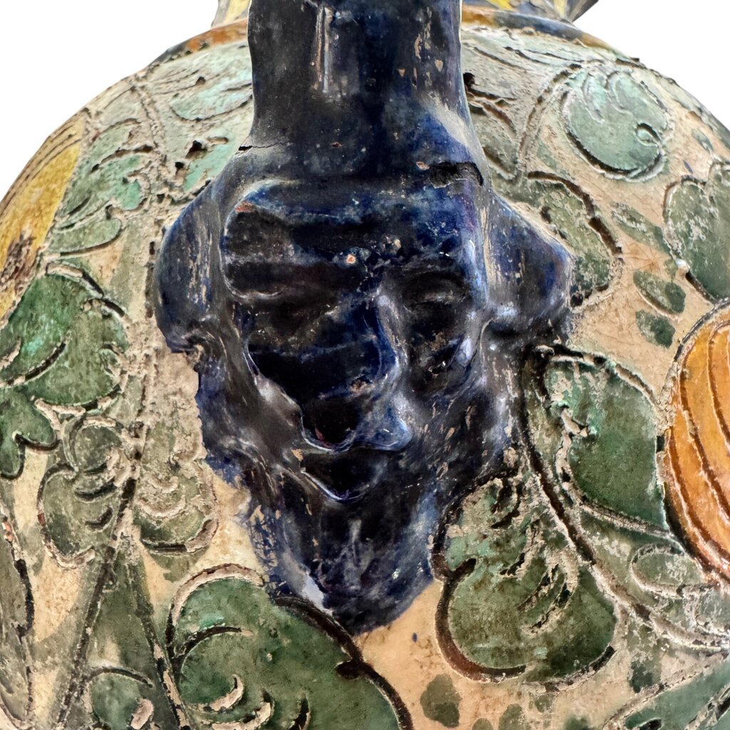 Antique Italian Majolica Pottery Lamp w/ Face Handles & Lemons w/ Leaves 12Wx26H (shade not included)