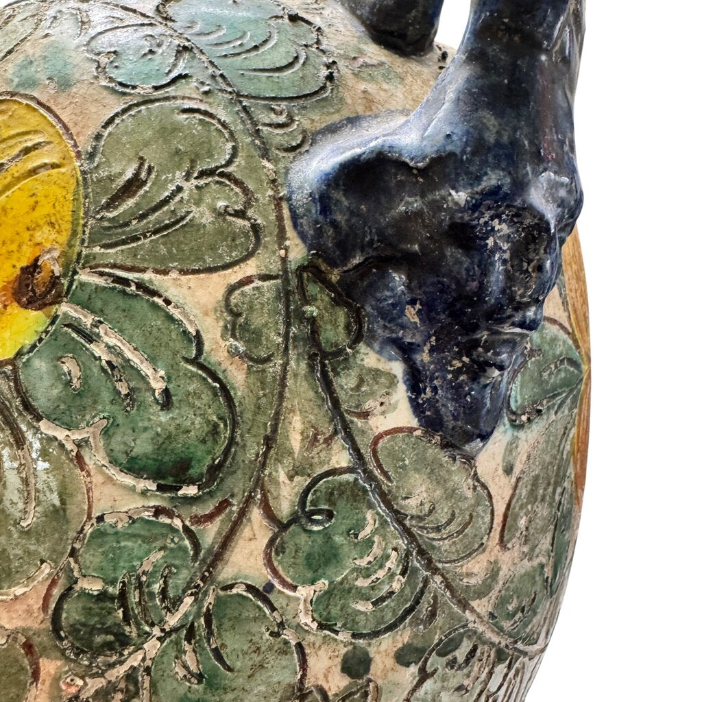 Antique Italian Majolica Pottery Lamp w/ Face Handles & Lemons w/ Leaves 12Wx26H (shade not included)