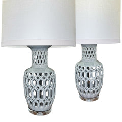 Pair of Regency Glazed Ceramic Urn Lamps w/ Crystal Base & Linen Shades 29"H