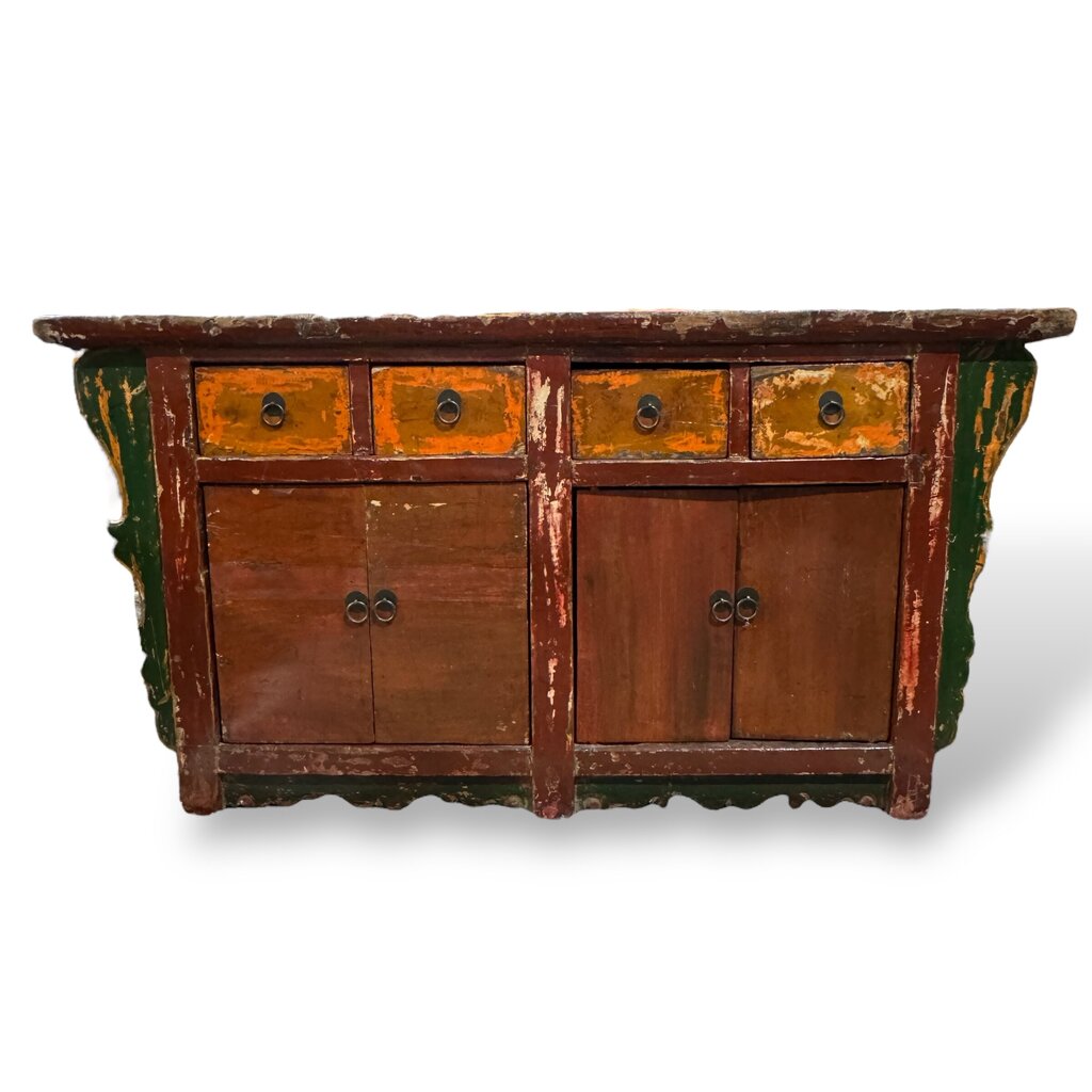 Antique Red Wood Chinoiserie Console w/ Brass Pulls 62Lx23Wx32H