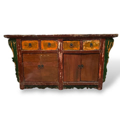 Antique Red Wood Chinoiserie Console w/ Brass Pulls 62Lx23Wx32H