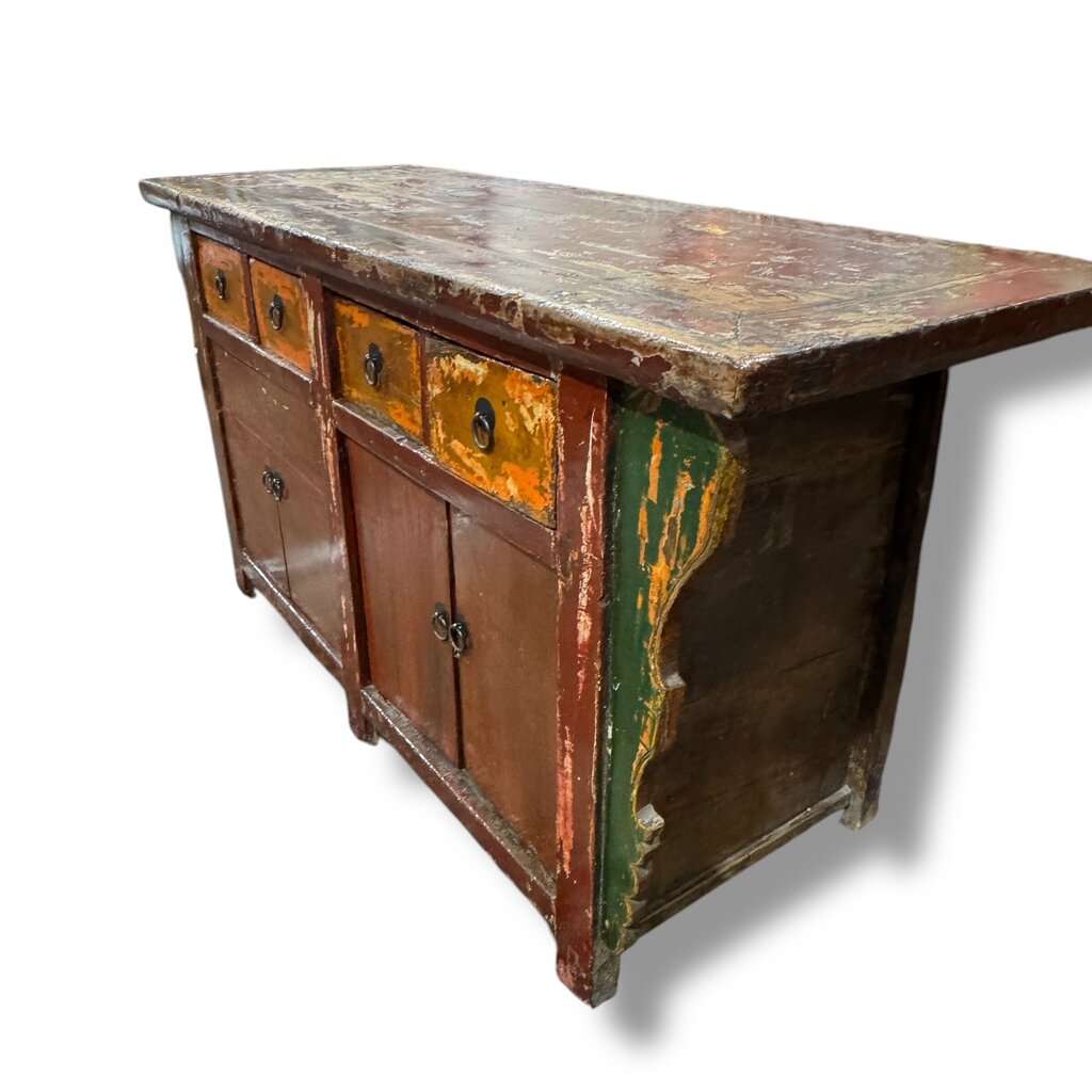 Antique Red Wood Chinoiserie Console w/ Brass Pulls 62Lx23Wx32H