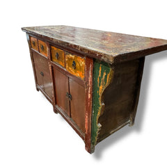 Antique Red Wood Chinoiserie Console w/ Brass Pulls 62Lx23Wx32H