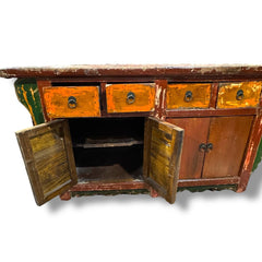 Antique Red Wood Chinoiserie Console w/ Brass Pulls 62Lx23Wx32H