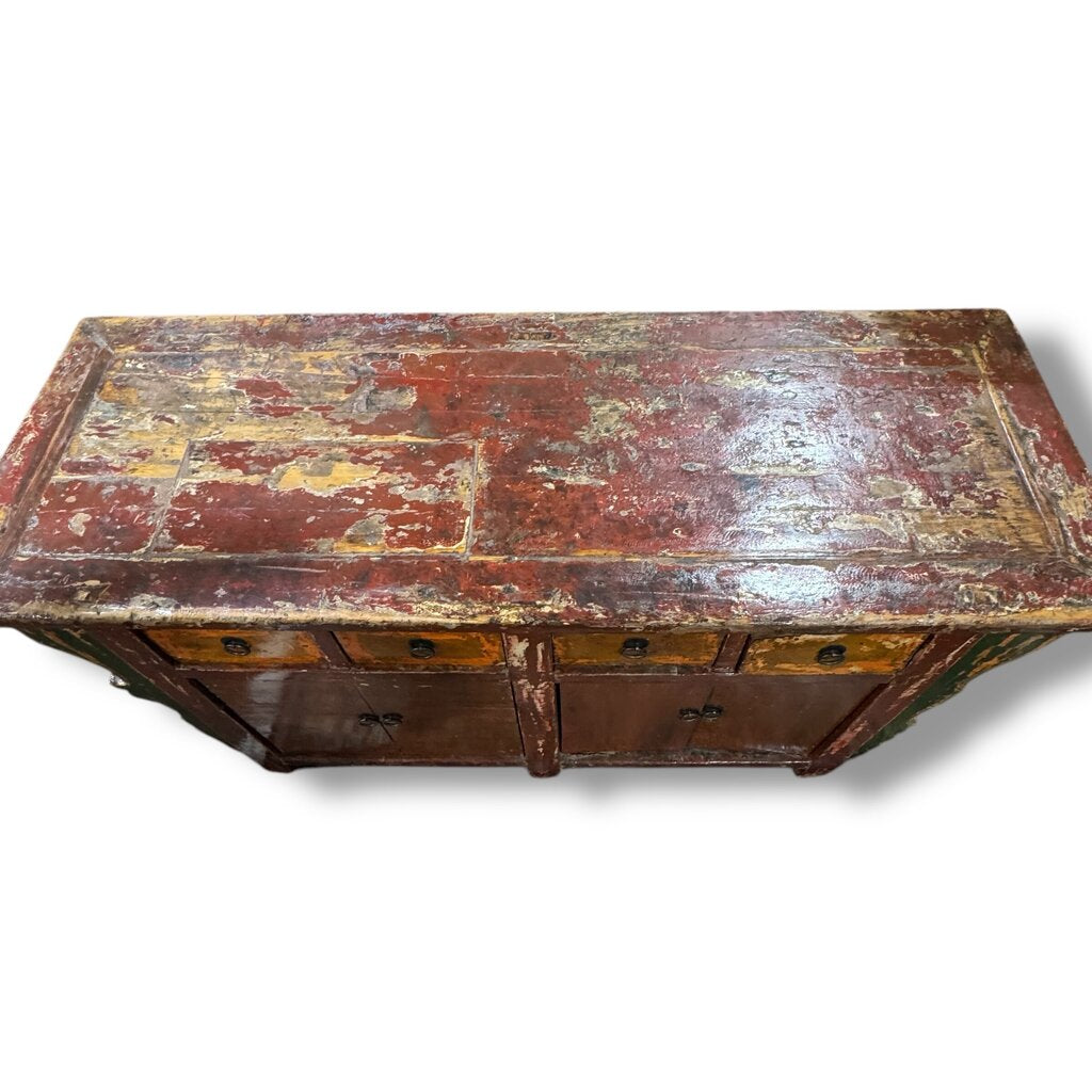 Antique Red Wood Chinoiserie Console w/ Brass Pulls 62Lx23Wx32H