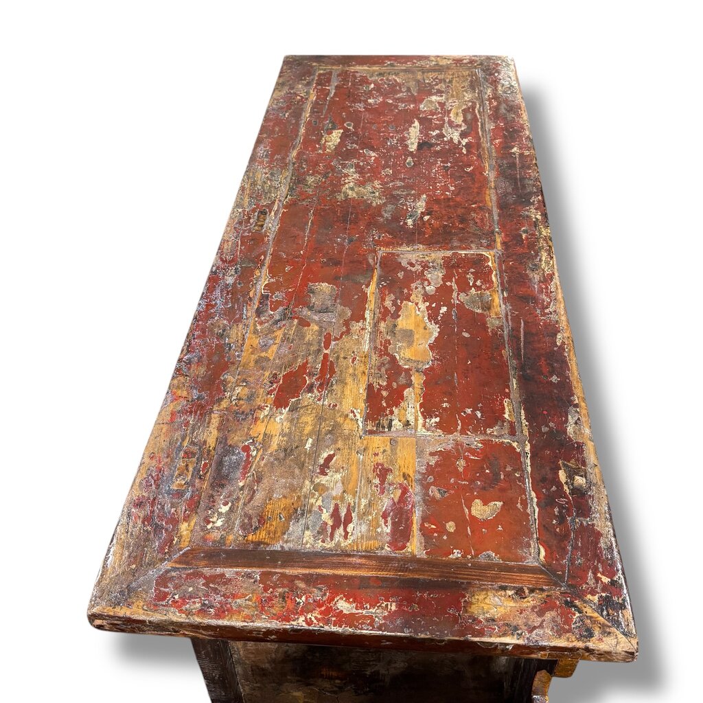 Antique Red Wood Chinoiserie Console w/ Brass Pulls 62Lx23Wx32H