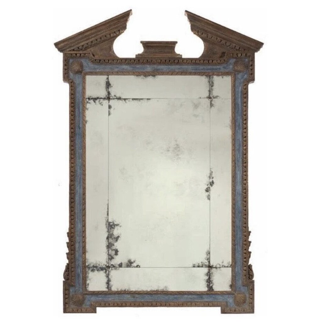 Georgian Broken Pediment Mirror. Painted Finish w/ Paris Blue Antique Mirror is 9 pcs w/ Rosettes 40" W x 54" H
