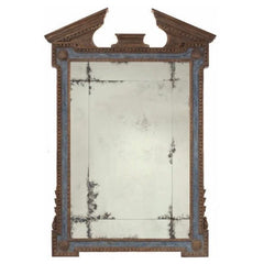 Georgian Broken Pediment Mirror. Painted Finish w/ Paris Blue Antique Mirror is 9 pcs w/ Rosettes 40" W x 54" H