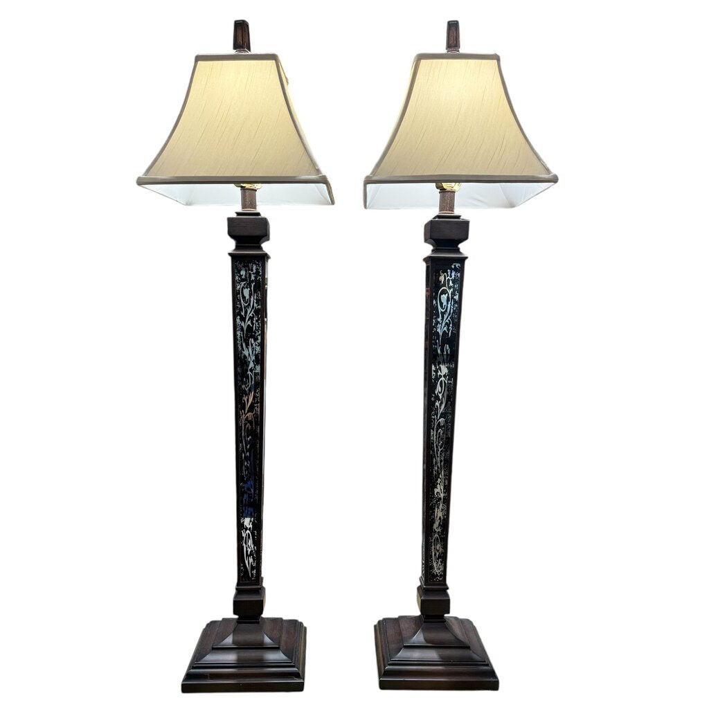 Pair of Mirror & Ebony Obelisk Style Buffet Lamps 12Wx42H