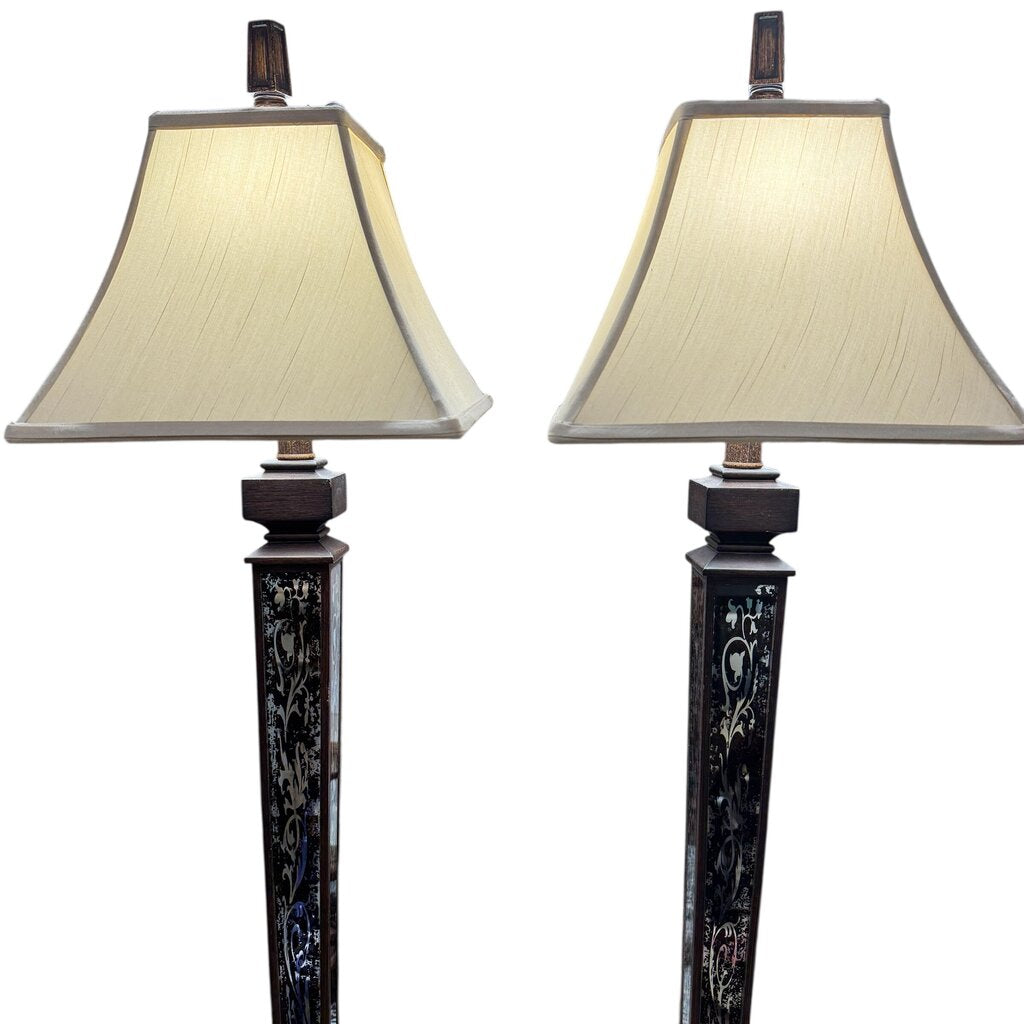 Pair of Mirror & Ebony Obelisk Style Buffet Lamps 12Wx42H