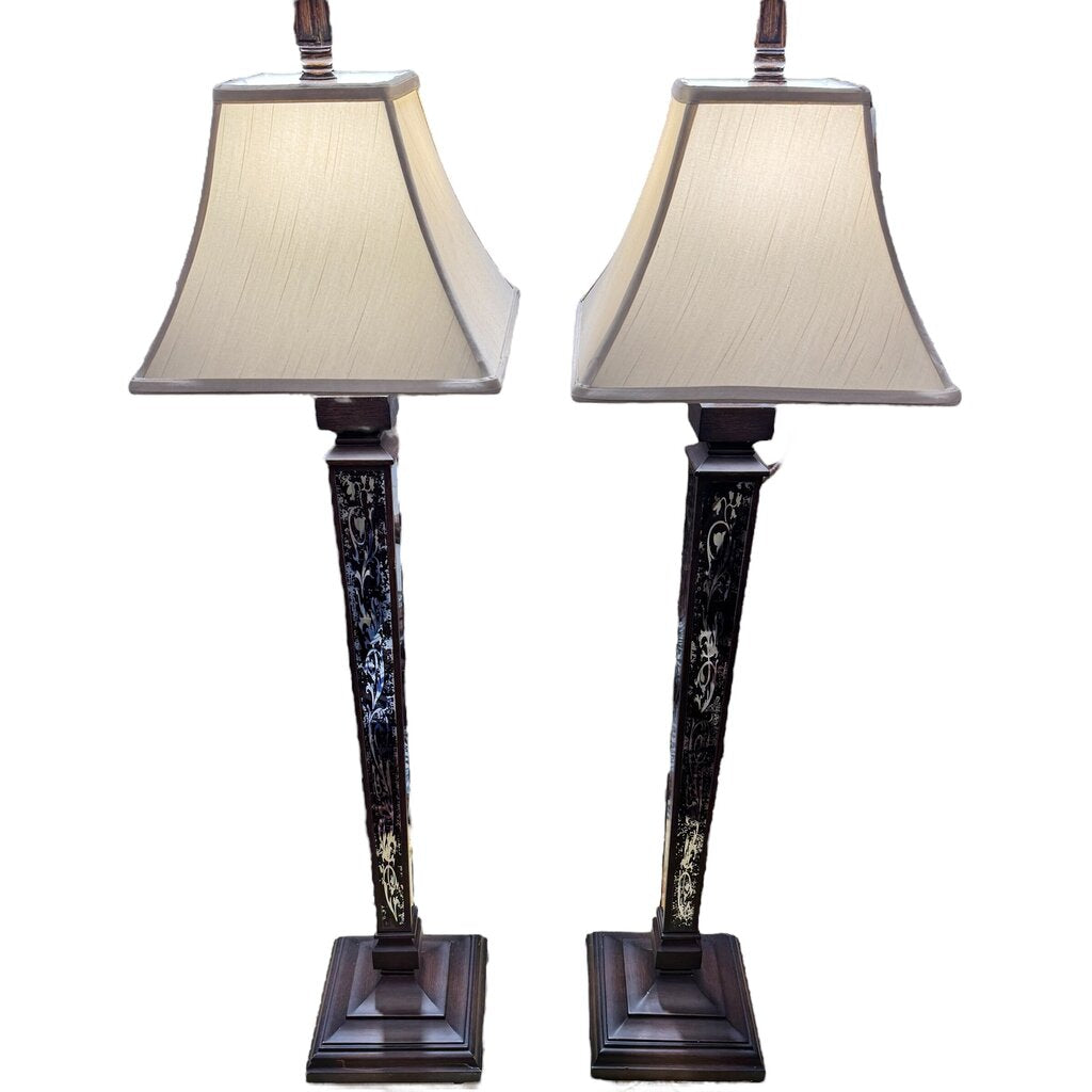 Pair of Mirror & Ebony Obelisk Style Buffet Lamps 12Wx42H