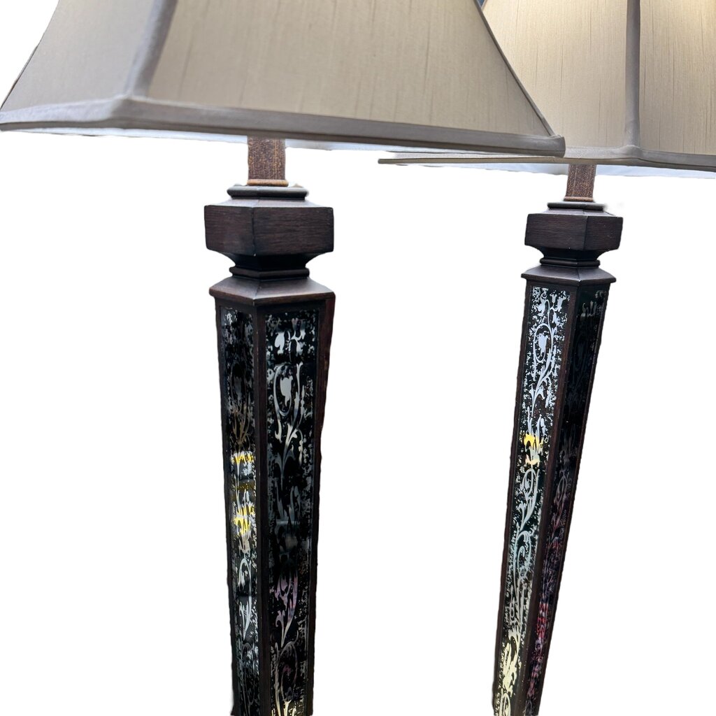 Pair of Mirror & Ebony Obelisk Style Buffet Lamps 12Wx42H