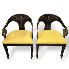 Pair of Habersham Neoclassical Hand-crafted/painted Black Lacquered Chairs Upholstered in Yellow Leopard Patterned Fabric
