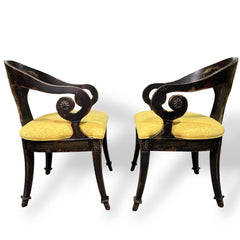 Pair of Habersham Neoclassical Hand-crafted/painted Black Lacquered Chairs Upholstered in Yellow Leopard Patterned Fabric