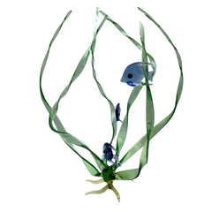 "Seagrass Trio" Three Cobalt Blue Fish in a Spiral Seagrass 16" tall w/ Yellow Base